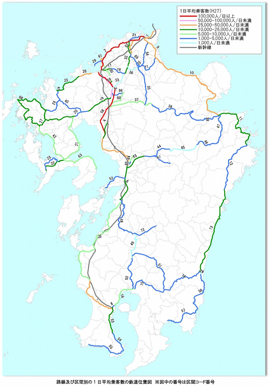九州の鉄道利用者数地図