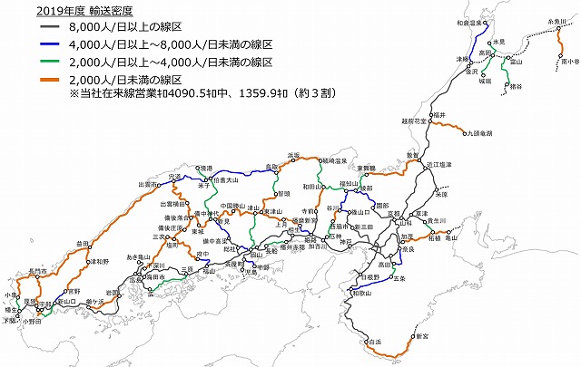 JR西日本輸送密度図